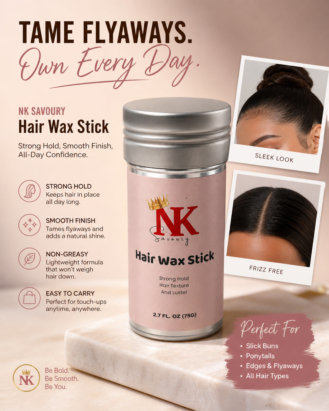 NK Savoury Hair Wax Stick – Strong Hold Flyaway Tamer for Sleek Styles & Edges (2.7 oz)