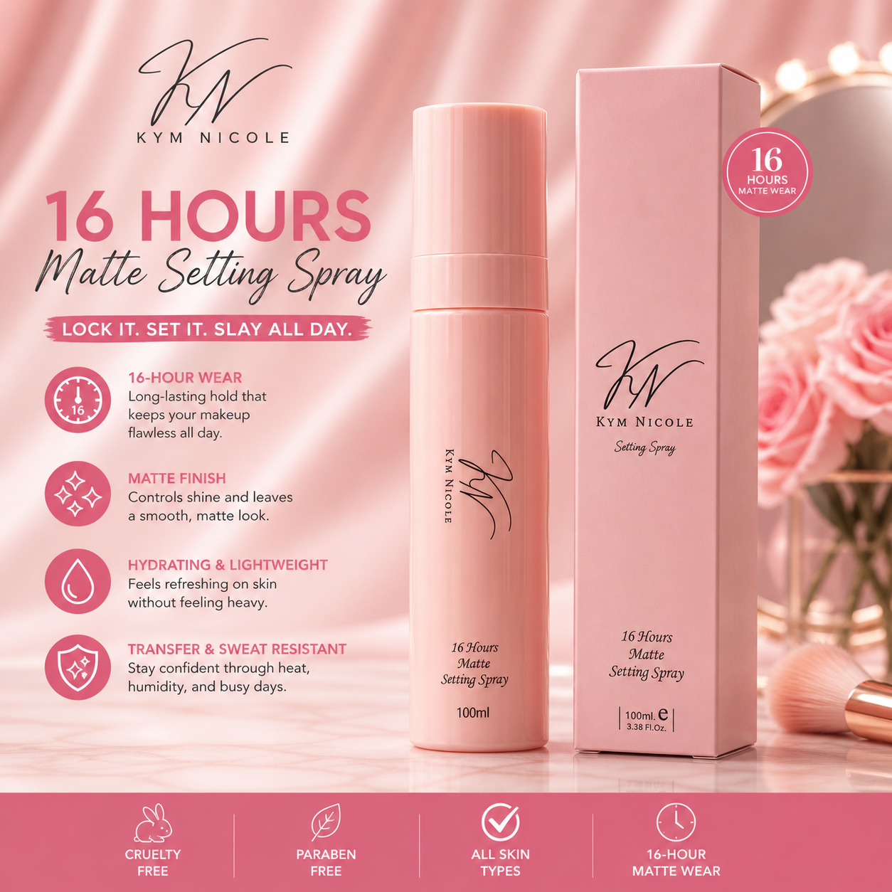 Kym Nicole 16 Hours Matte Setting Spray (100ml) – Long-Lasting Makeup Lock, Shine Control & Waterproof Finish