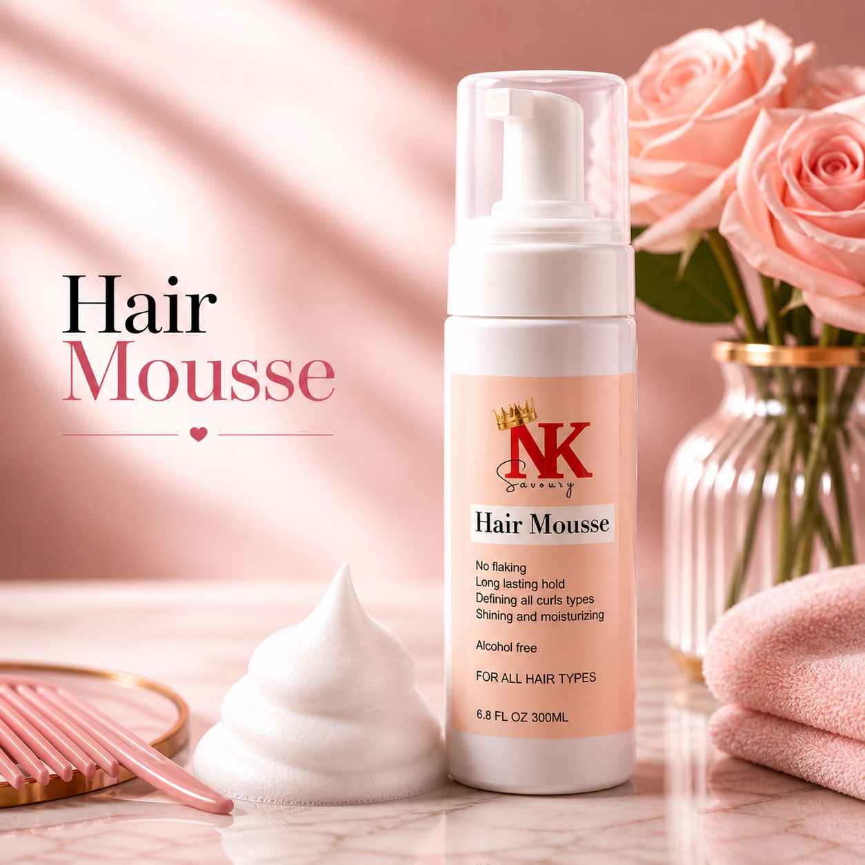 NK Savoury Hair Mousse – Long Lasting Hold, Curl Defining & Moisturizing Foam (Alcohol-Free)