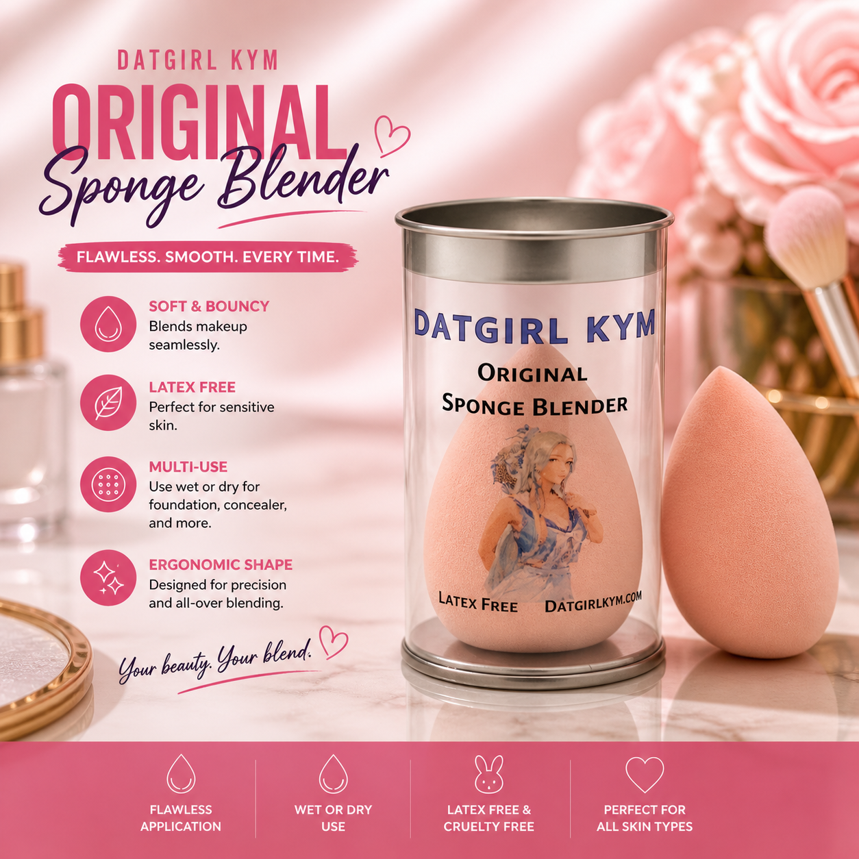 DATGIRL KYM Original Sponge Blender – Latex-Free Makeup Sponge for Flawless Blending (Wet & Dry Use)