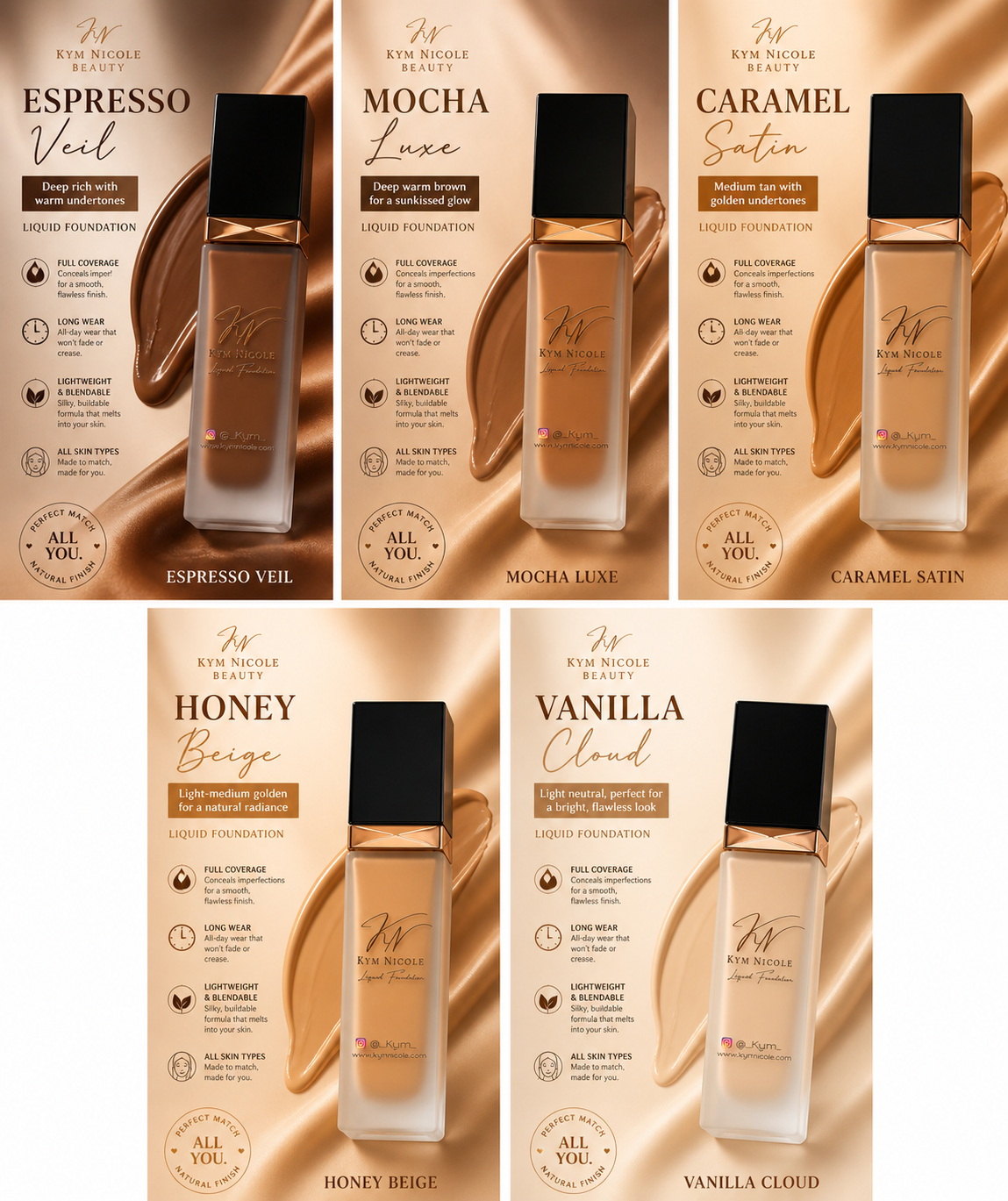 Kym Nicole Liquid Foundation Collection – Full Coverage, Long Wear, Flawless Finish (5 Shades)