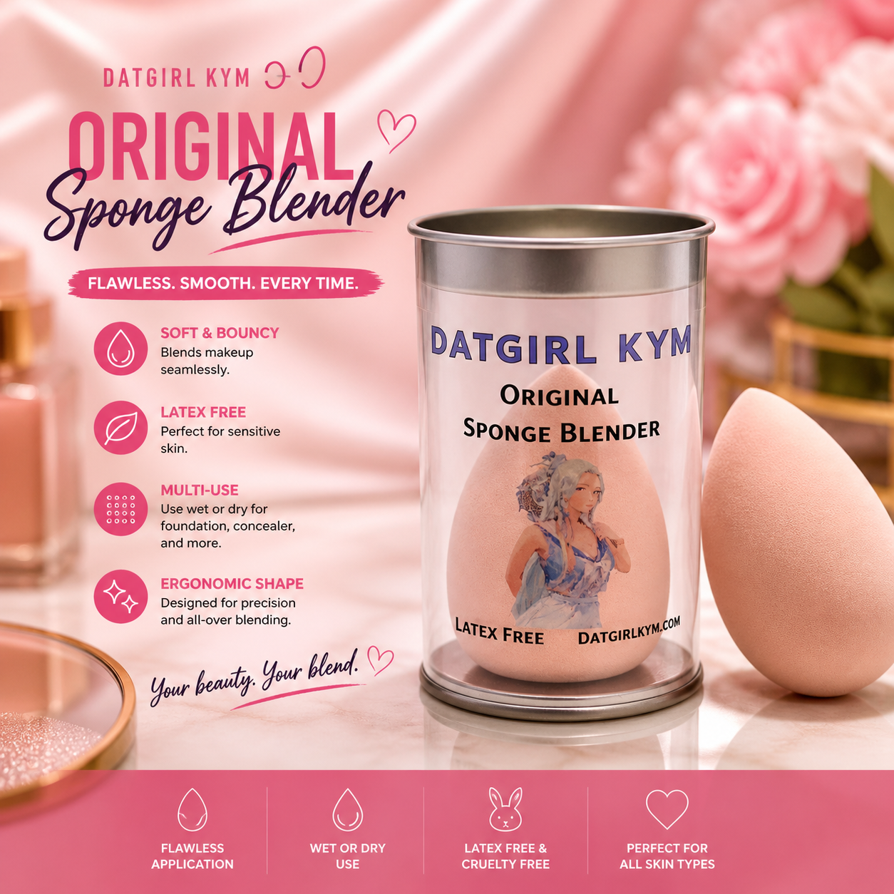 DATGIRL KYM Original Sponge Blender – Latex-Free Makeup Sponge for Flawless Blending (Wet & Dry Use)