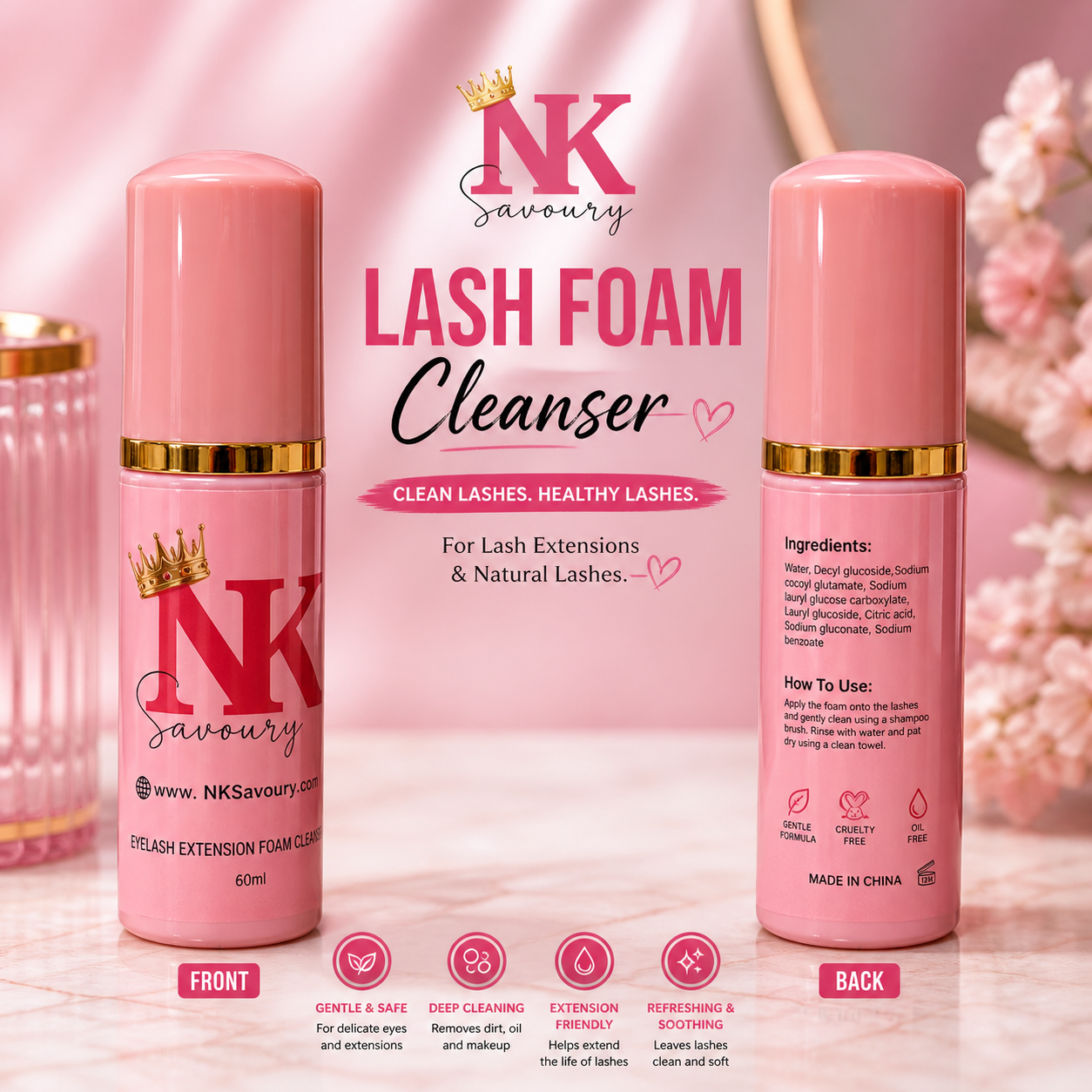 NK Savoury Lash Foam Cleanser (60ml) – Gentle Eyelash Extension Cleanser for Clean, Healthy Lashes