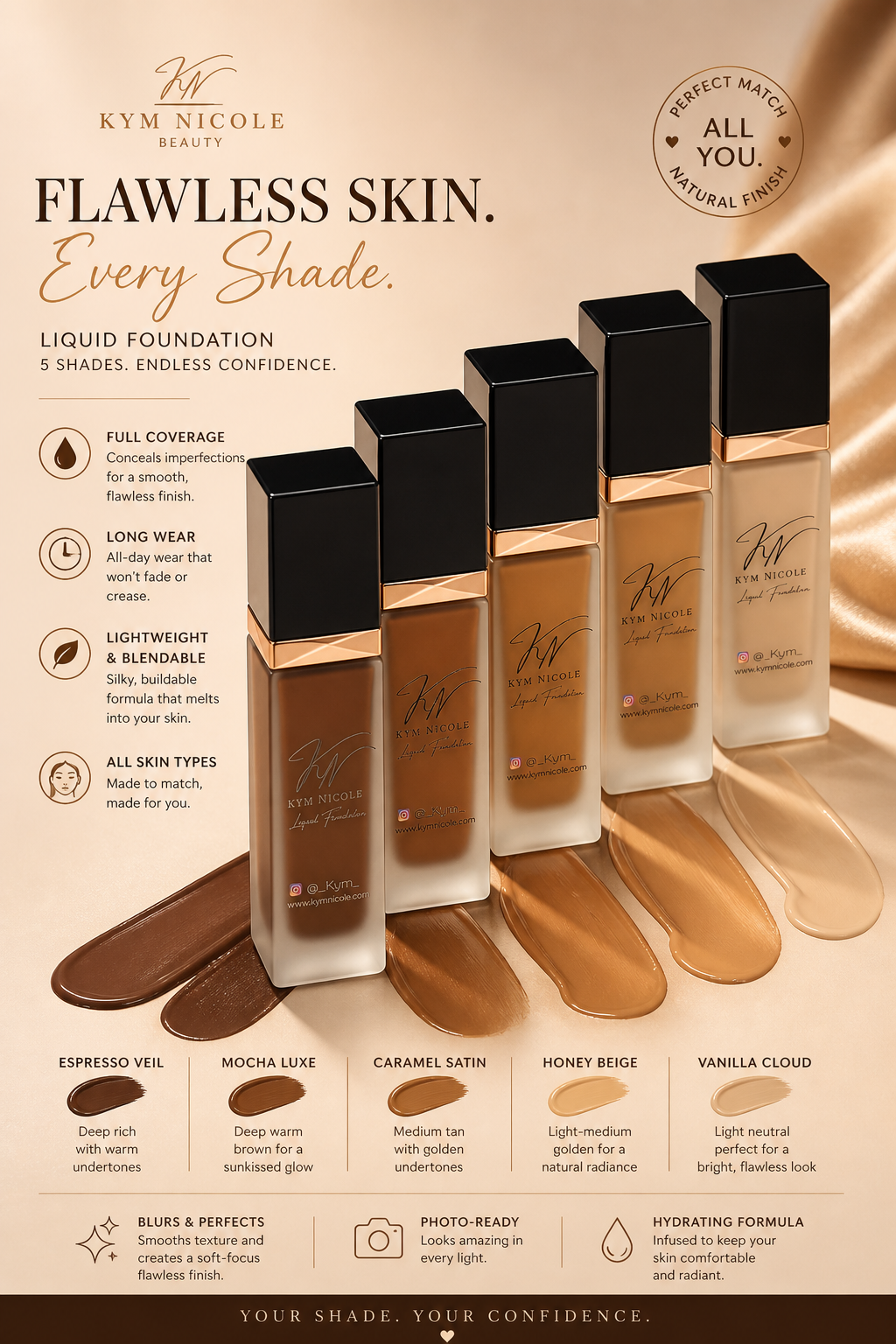 Kym Nicole Liquid Foundation Collection – Full Coverage, Long Wear, Flawless Finish (5 Shades)