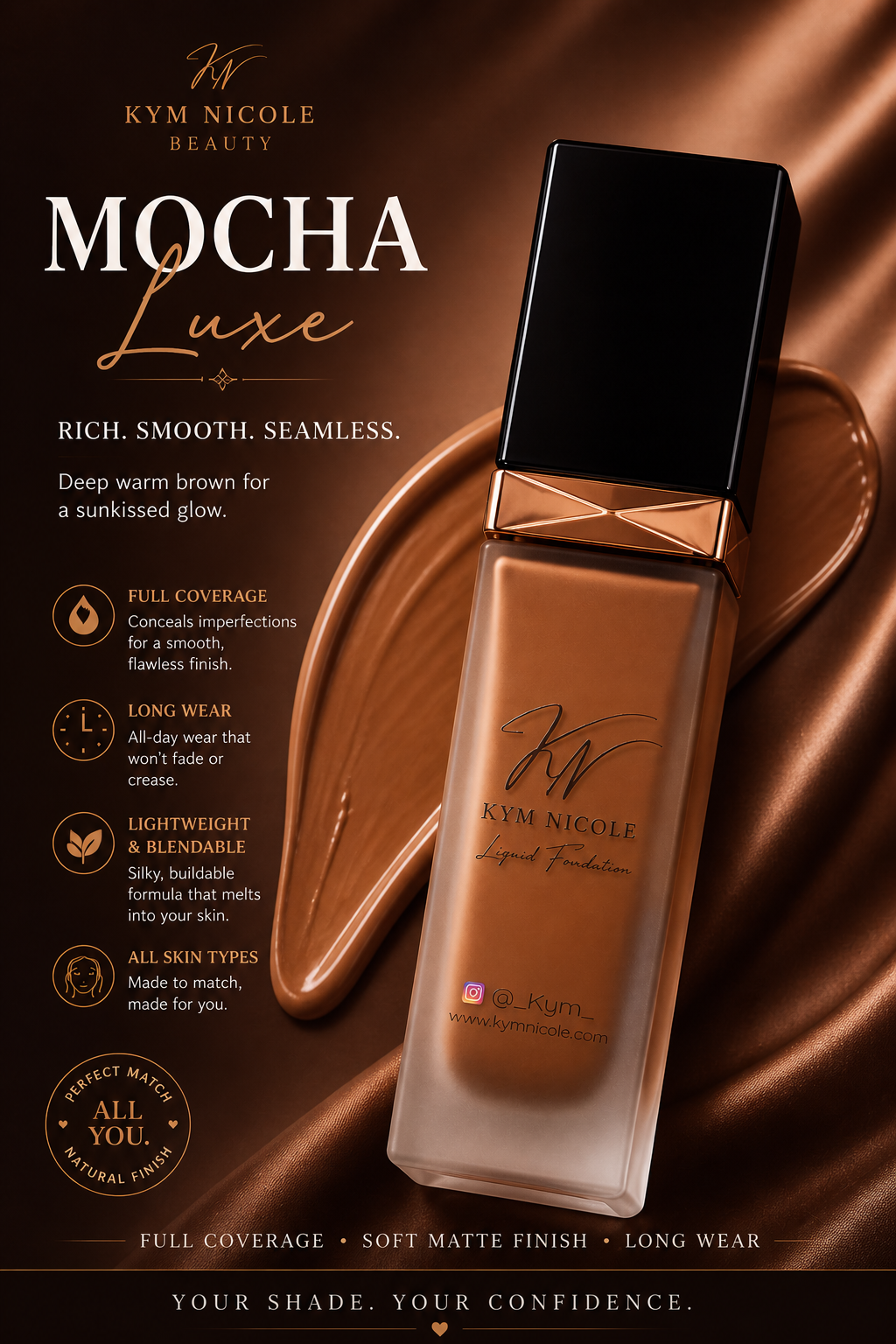 Kym Nicole Liquid Foundation Collection – Full Coverage, Long Wear, Flawless Finish (5 Shades)