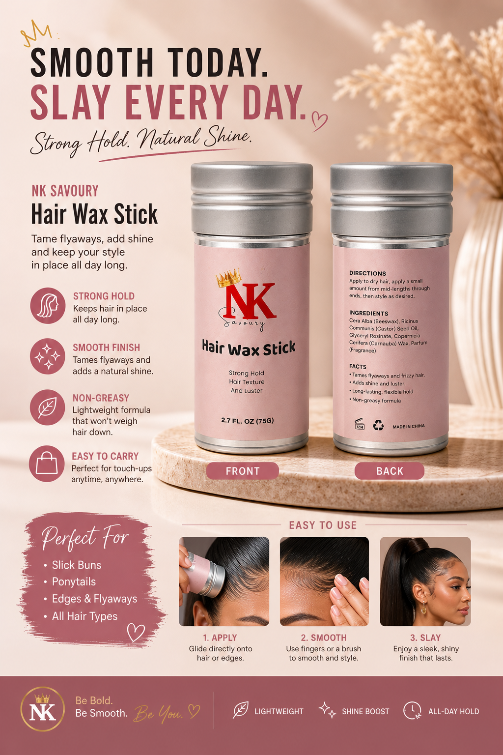 NK Savoury Hair Wax Stick – Strong Hold Flyaway Tamer for Sleek Styles & Edges (2.7 oz)