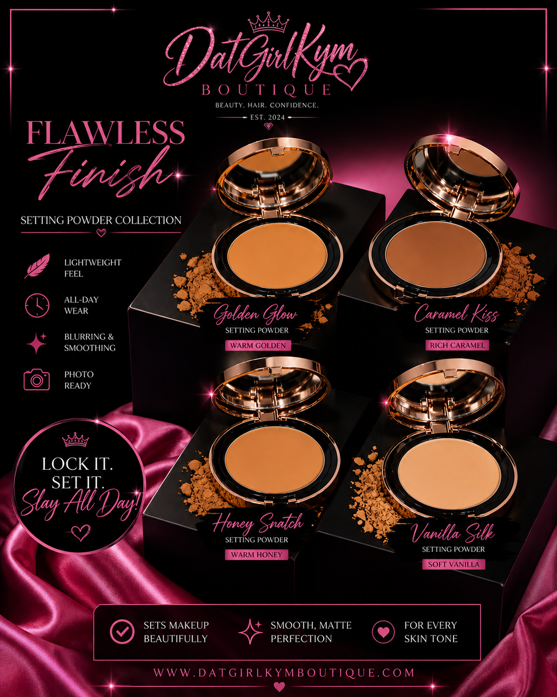 Flawless Finish Setting Powder – Golden Glow, Caramel Kiss, Honey Snatch & Vanilla Silk
