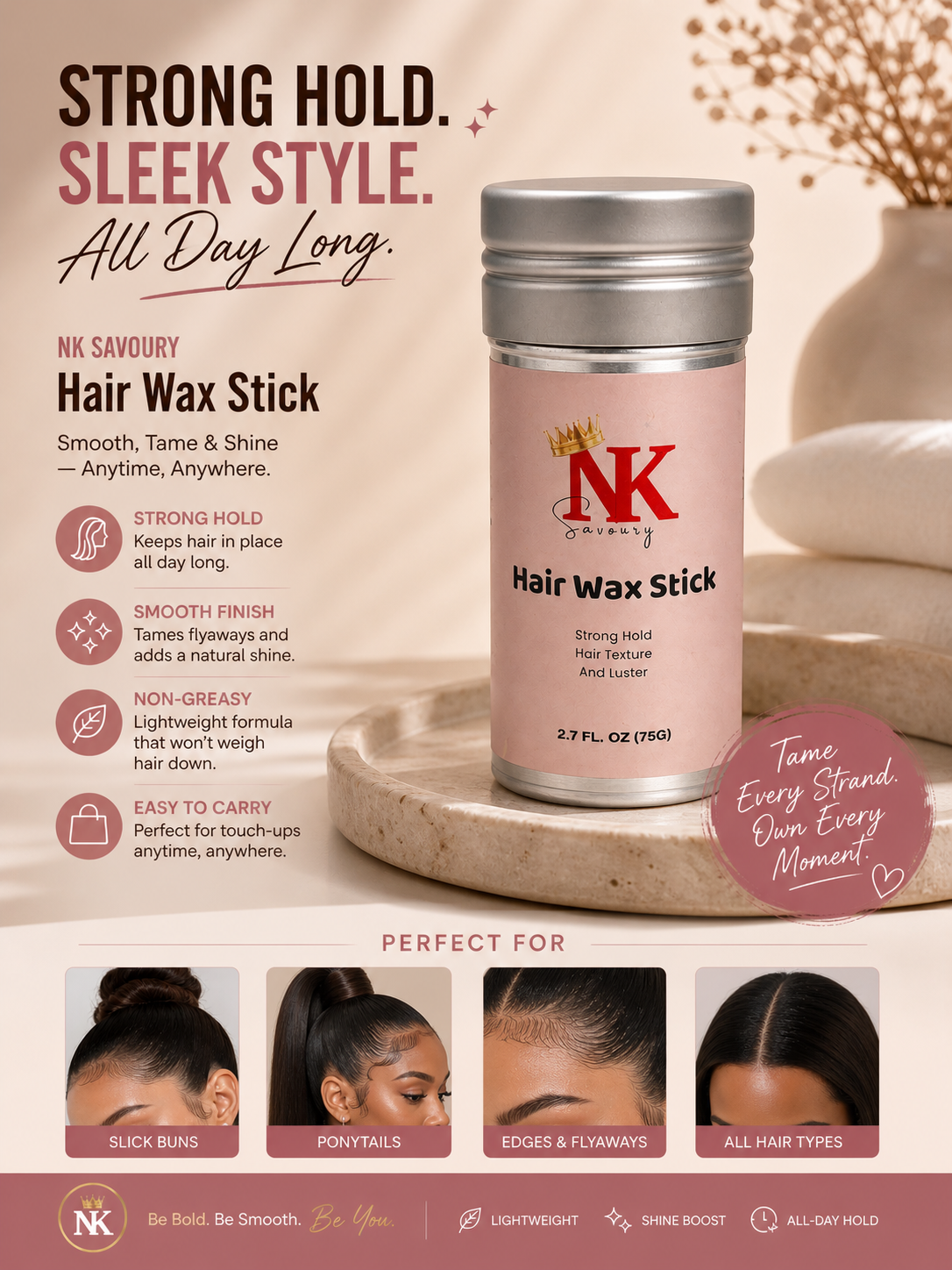 NK Savoury Hair Wax Stick – Strong Hold Flyaway Tamer for Sleek Styles & Edges (2.7 oz)