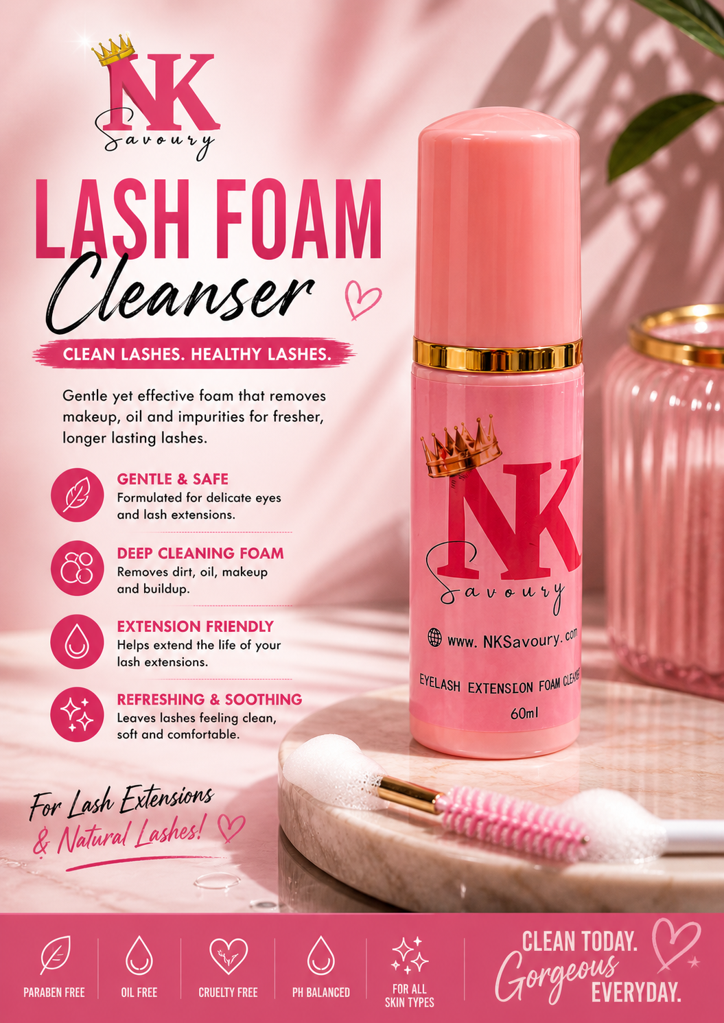 NK Savoury Lash Foam Cleanser (60ml) – Gentle Eyelash Extension Cleanser for Clean, Healthy Lashes