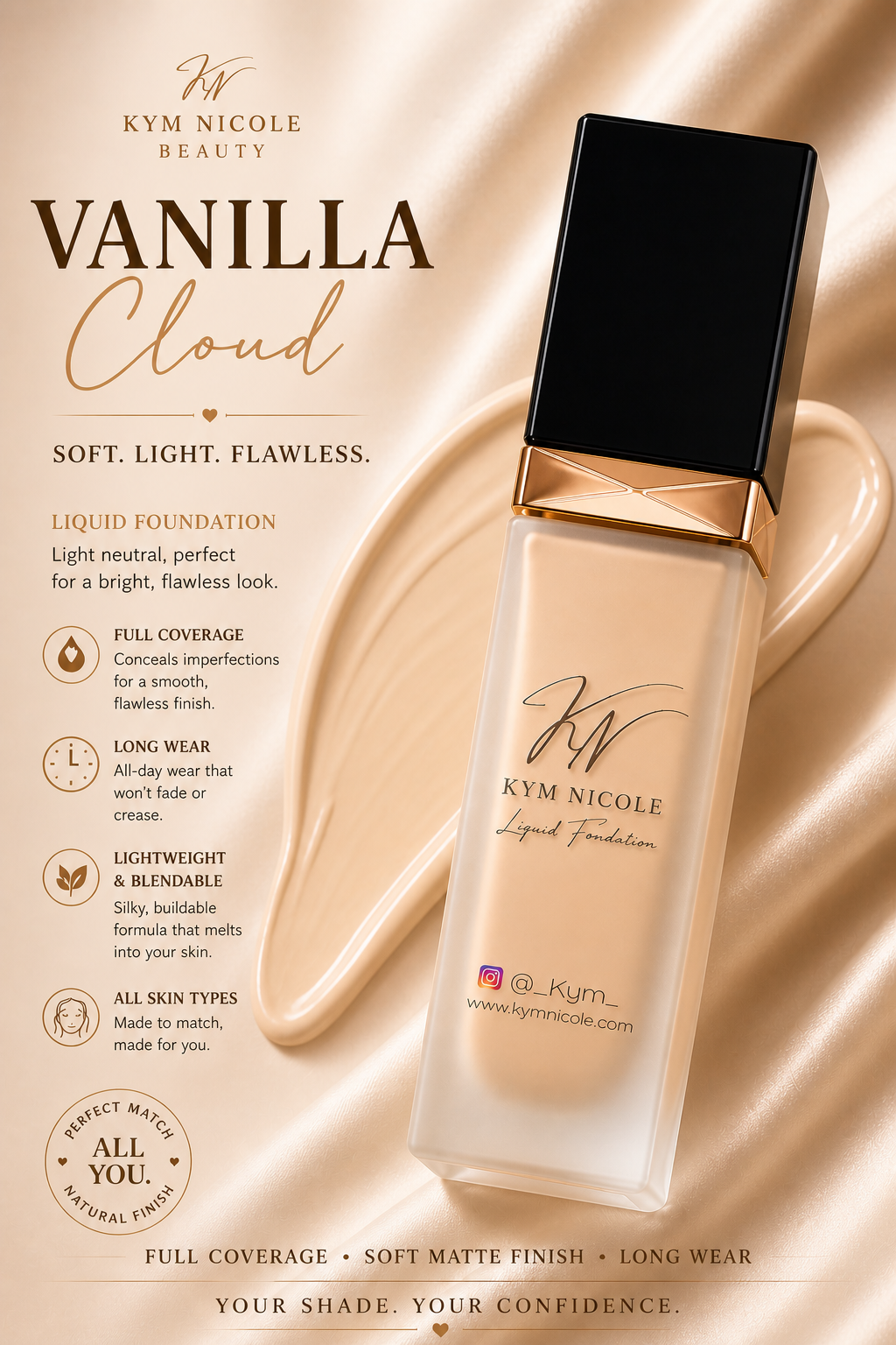 Kym Nicole Liquid Foundation Collection – Full Coverage, Long Wear, Flawless Finish (5 Shades)