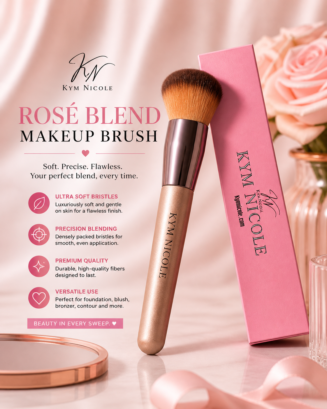 Kym Nicole Rosé Blend Makeup Brush – Ultra Soft Flawless Foundation & Blending Brush