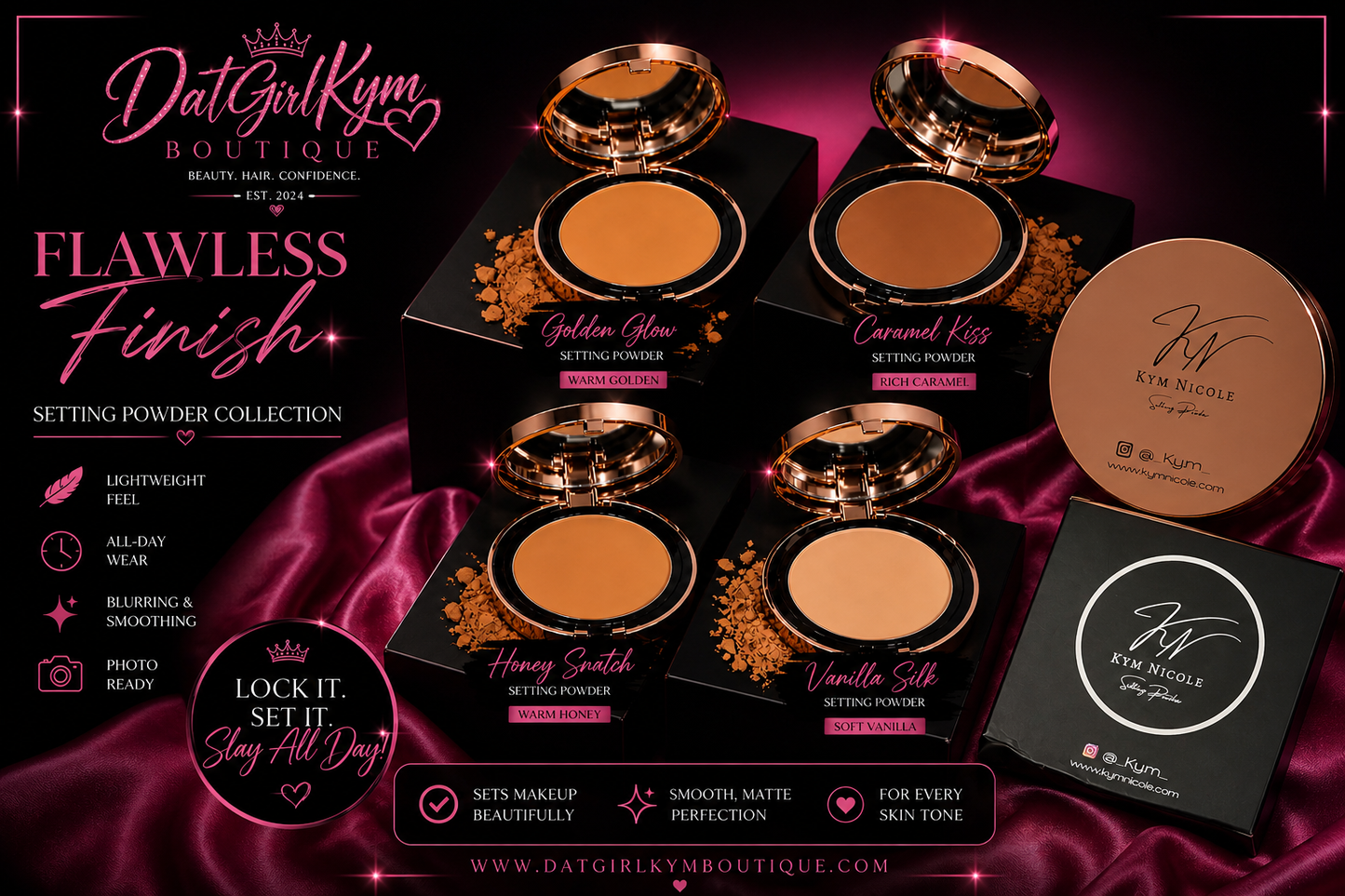 Flawless Finish Setting Powder – Golden Glow, Caramel Kiss, Honey Snatch & Vanilla Silk