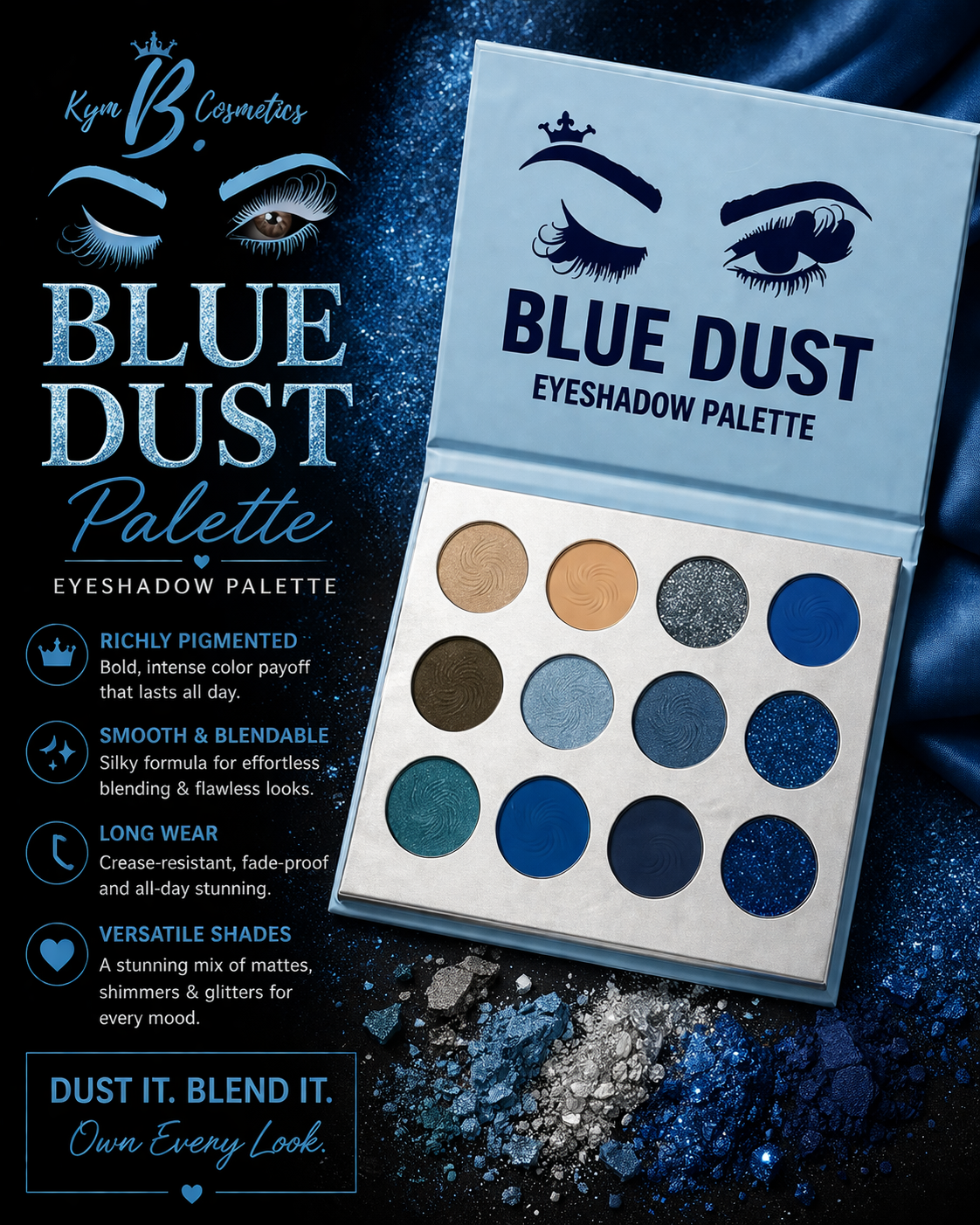Blue Dust Eyeshadow Palette – Highly Pigmented, Blendable & Long-Wear | Kym B Cosmetics
