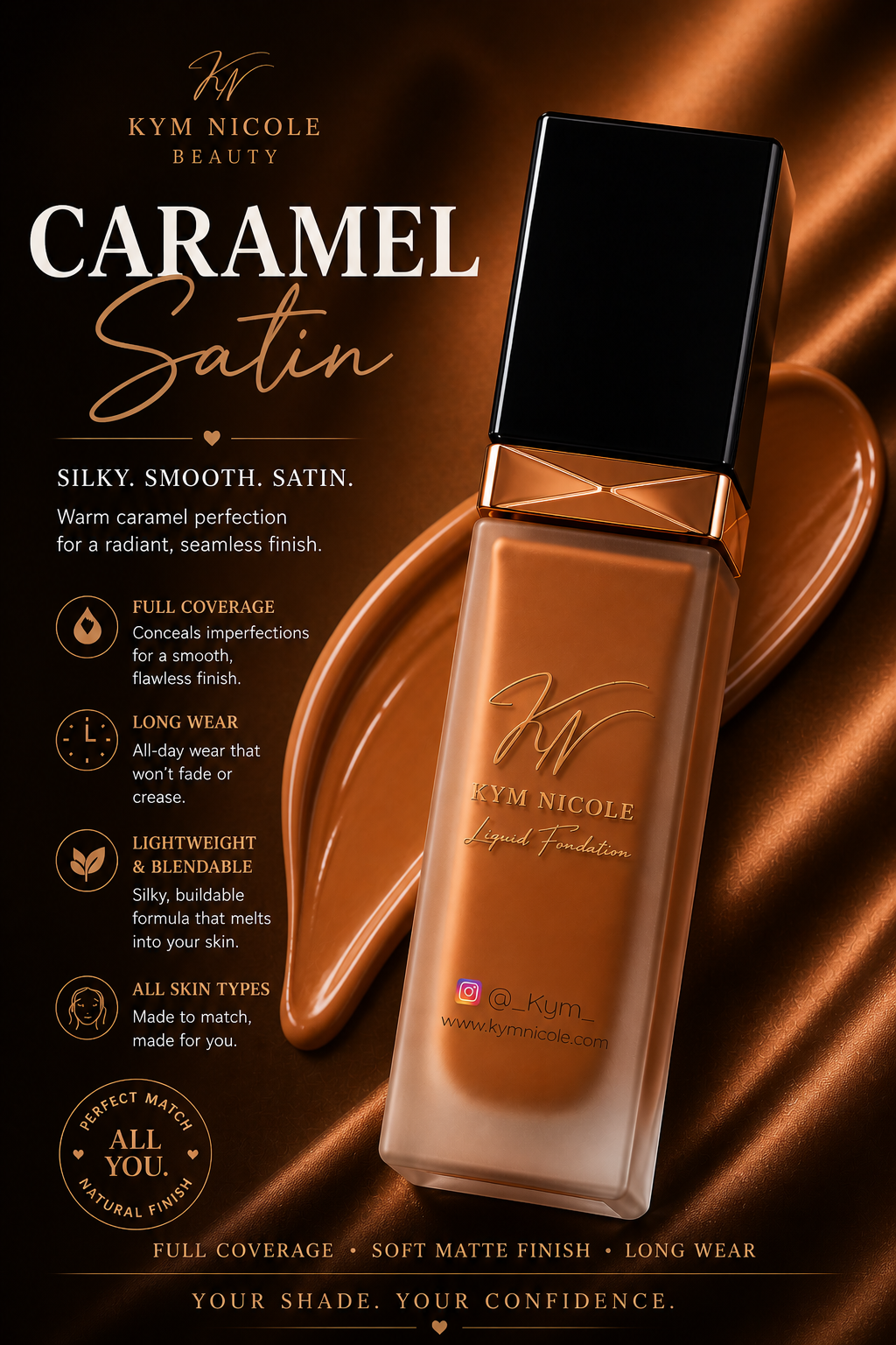Kym Nicole Liquid Foundation Collection – Full Coverage, Long Wear, Flawless Finish (5 Shades)