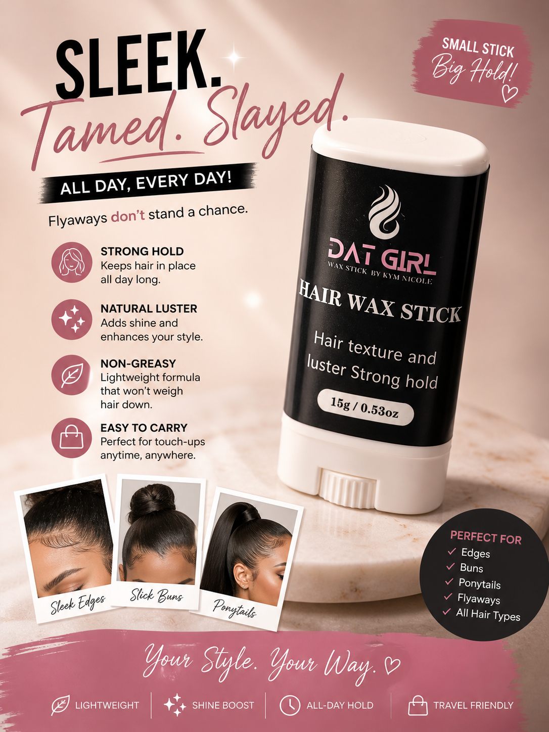 DAT GIRL Hair Wax Stick – Strong Hold Edge Control & Flyaway Tamer (Travel Size 15g)