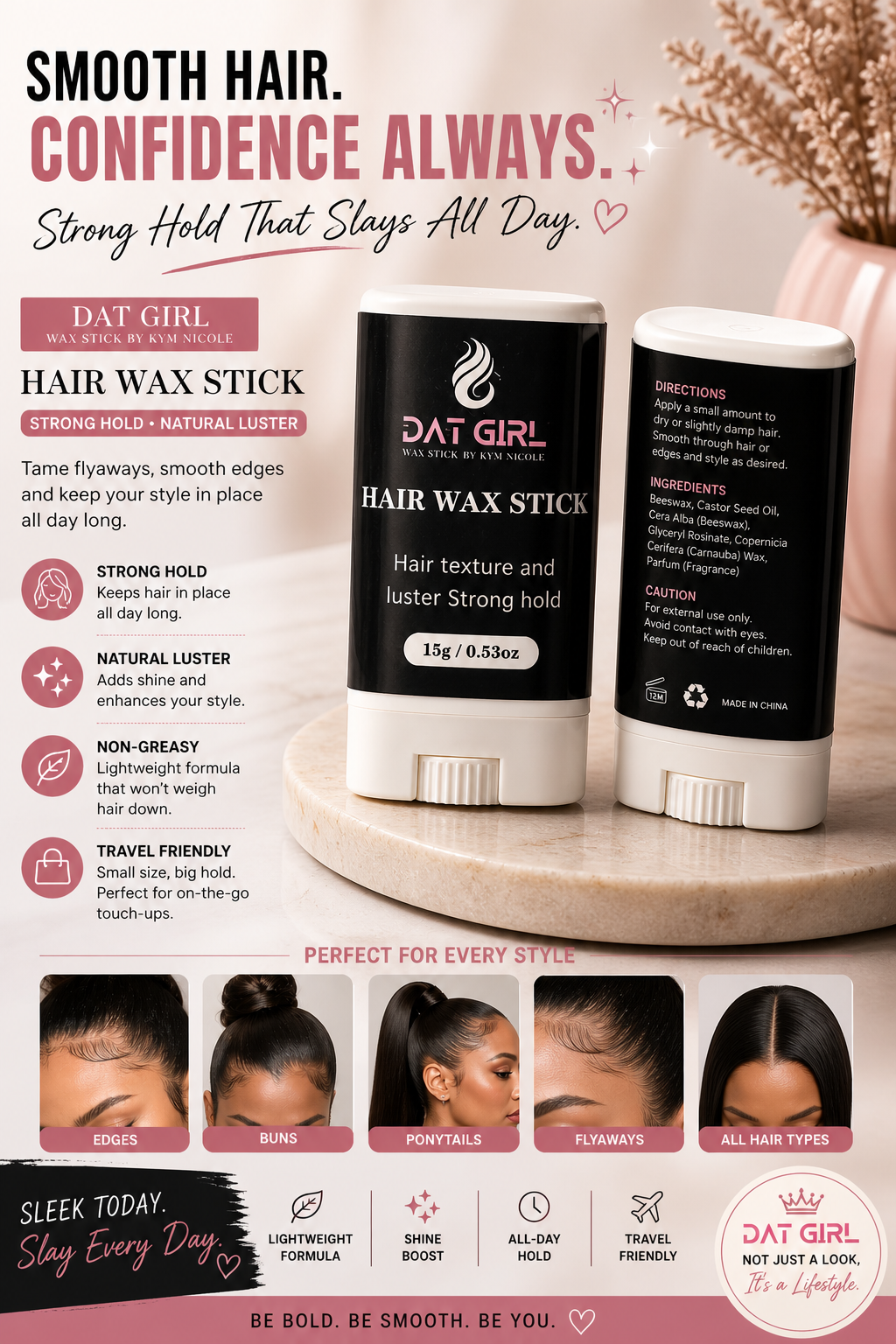 DAT GIRL Hair Wax Stick – Strong Hold Edge Control & Flyaway Tamer (Travel Size 15g)