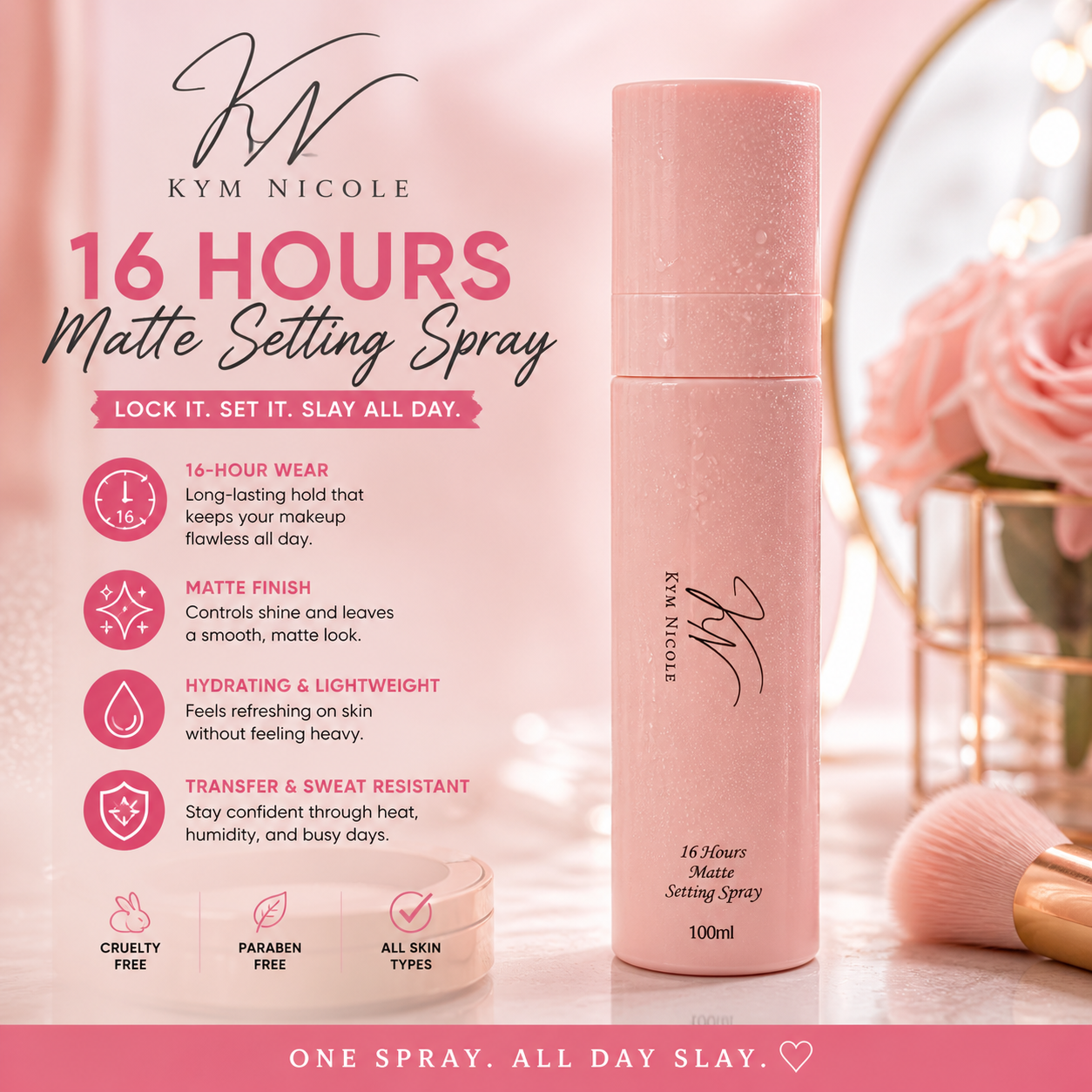 Kym Nicole 16 Hours Matte Setting Spray (100ml) – Long-Lasting Makeup Lock, Shine Control & Waterproof Finish