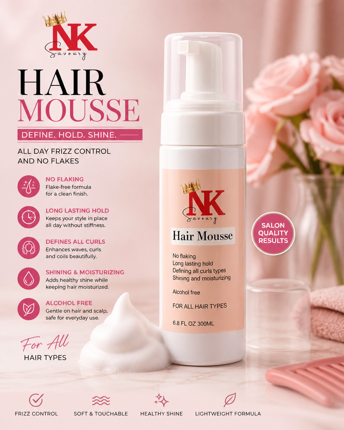 NK Savoury Hair Mousse – Long Lasting Hold, Curl Defining & Moisturizing Foam (Alcohol-Free)