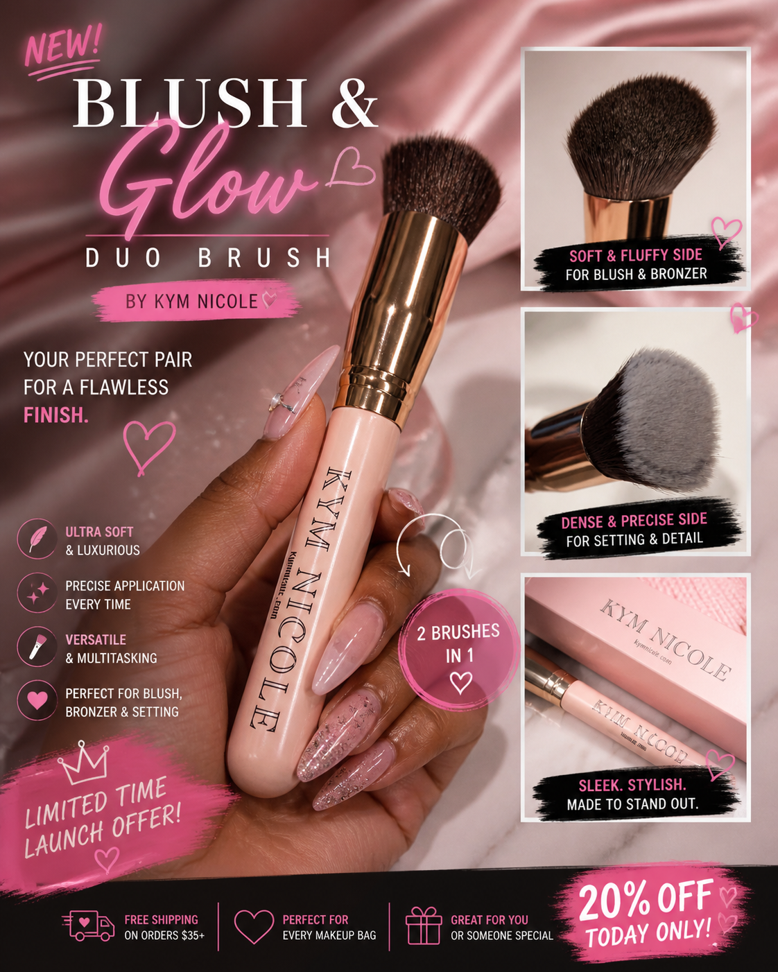 Blush & Glow Duo Brush – 2-in-1 Blush & Highlight Makeup Brush | Ultra Soft Vegan Bristles
